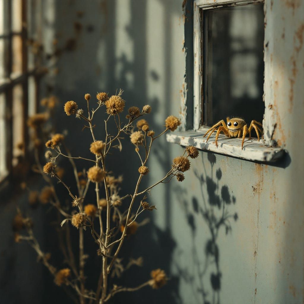 Surreal Spider Peering at Dried House Plants