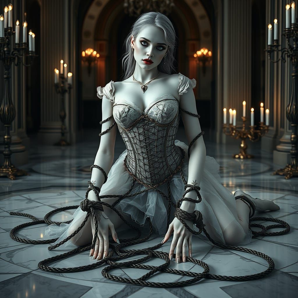 Gothic Female Form Bound in Ropes on Marble Floor