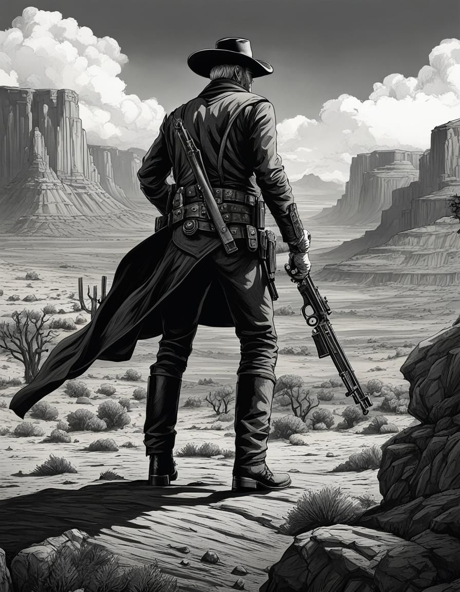 Gunslinger in Old West: Detailed Ink Drawing