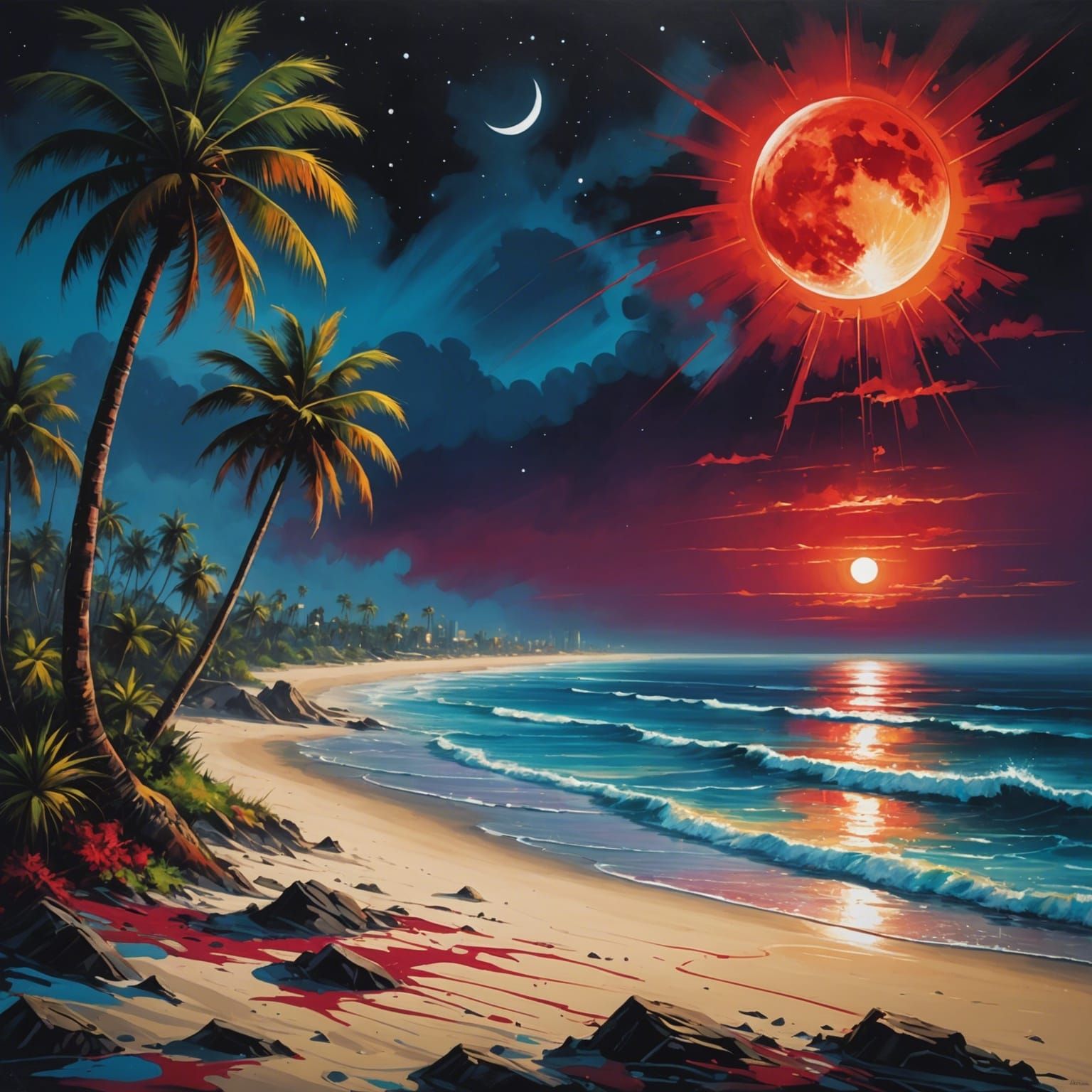 Ocean Nightscape in Graffiti Splash Art Style