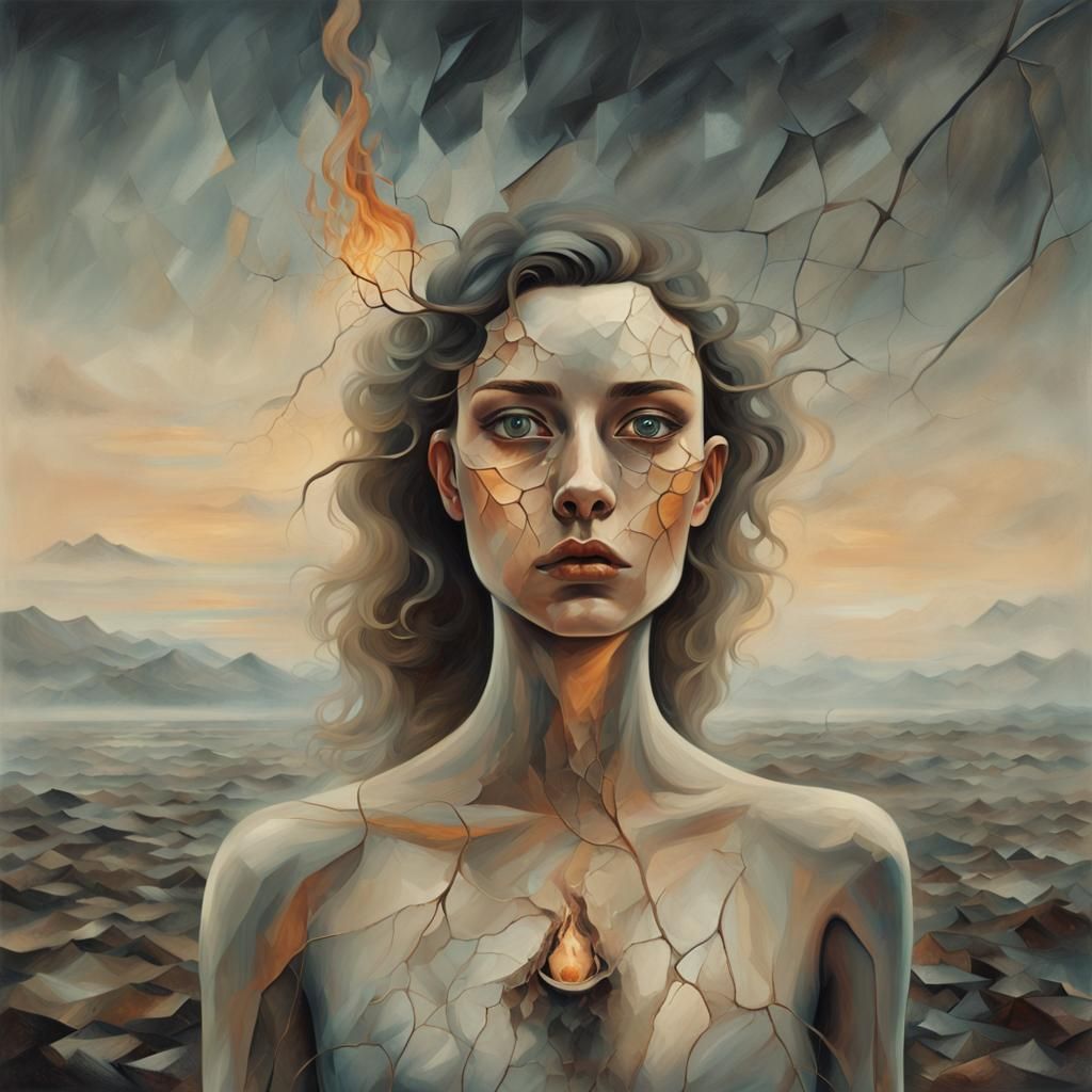 Surreal Woman in Desolate Landscape: Oil Painting