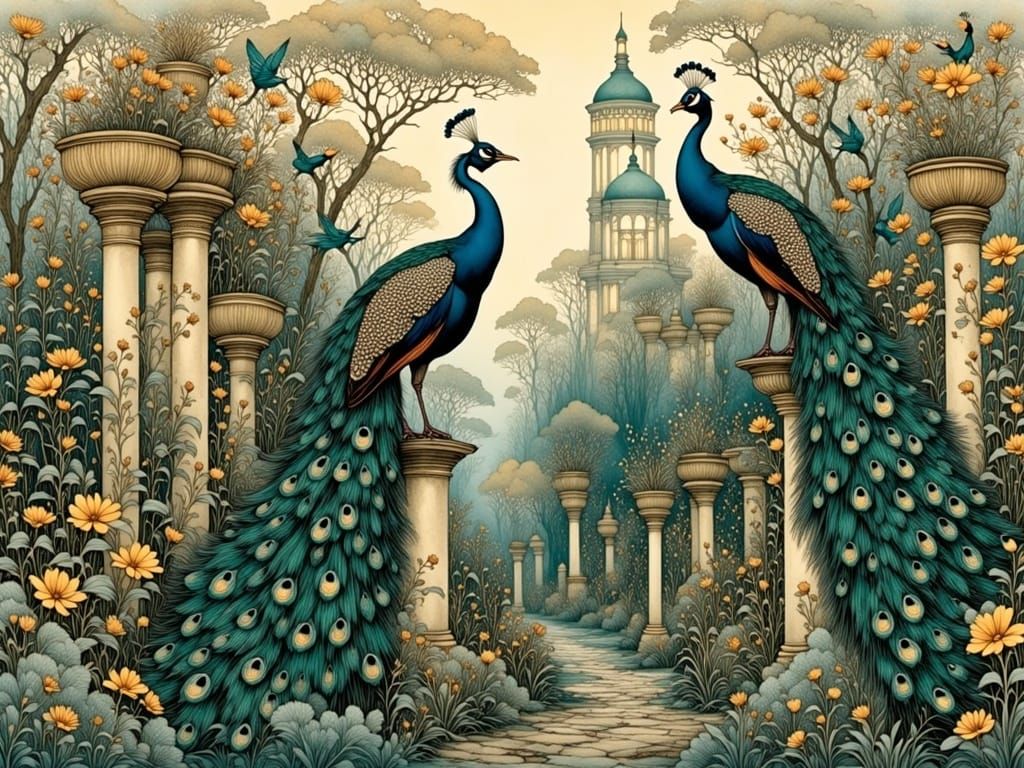 Oriental Palace Garden With Peacocks in Soft Evening Light