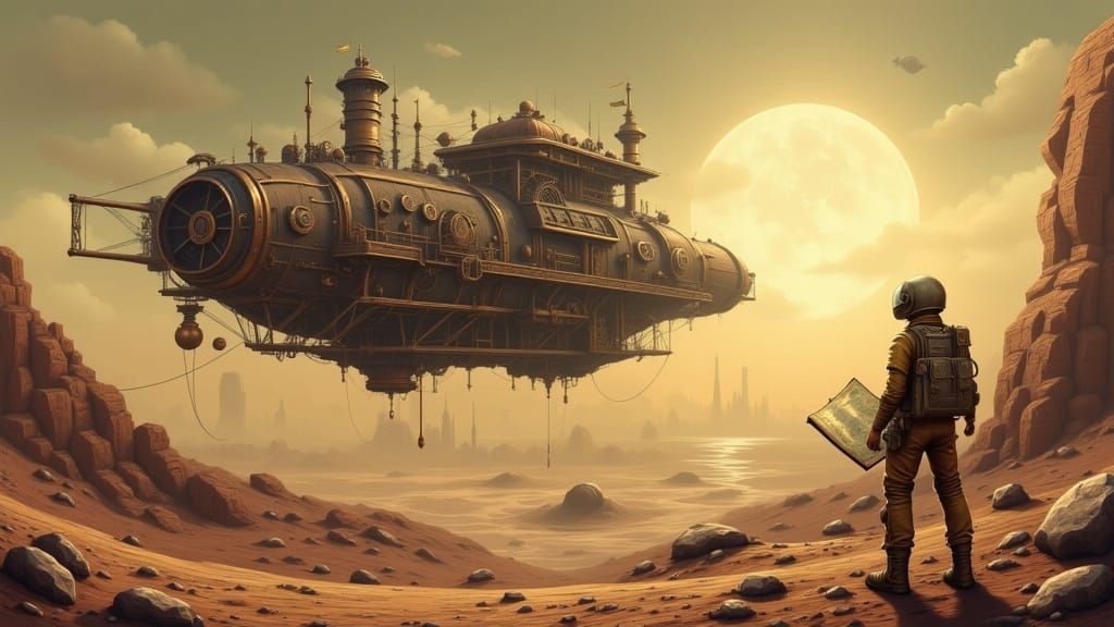 Astronaut Gazing at Steampunk City in the Sky