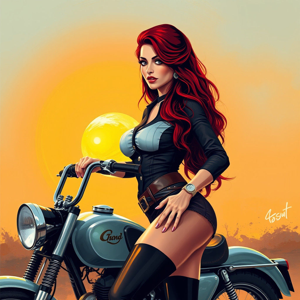 Vintage Motorcycle Pin-Up Girl in Graffiti Art Style