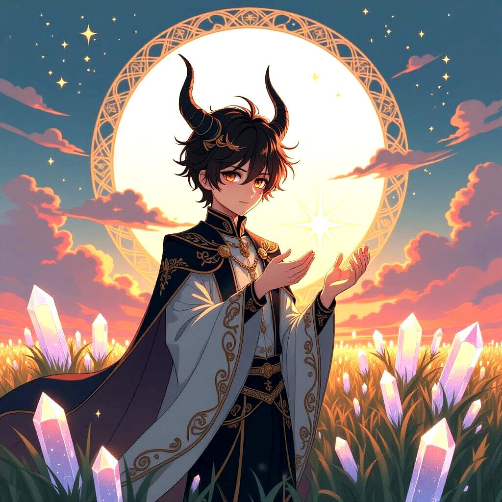 Anime Boy with Dragon Horns in Art Nouveau Style