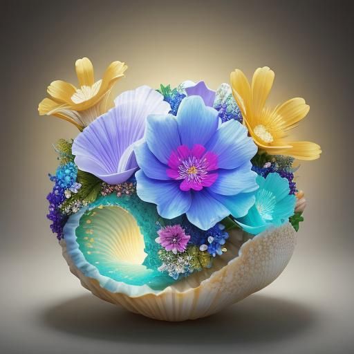 Ethereal Luminous Fantasy Flowers in Seashell