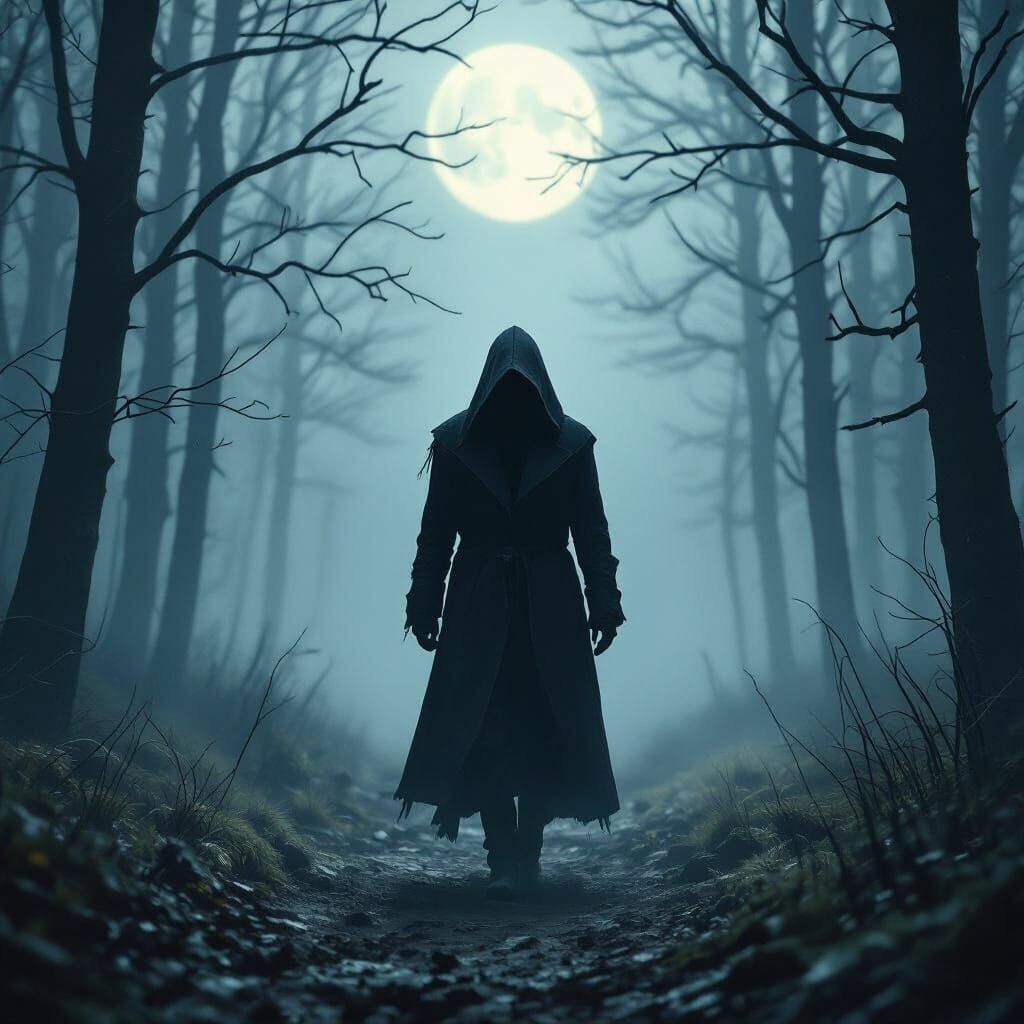 Mysterious Figure in Misty Forest, Dark Surrealism