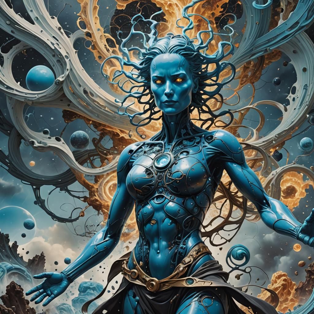 Surreal Female Figure Amidst Fractal Destruction