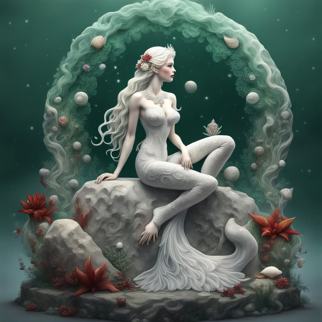 Marble Mermaid with Glass Moon: Fantasy Art