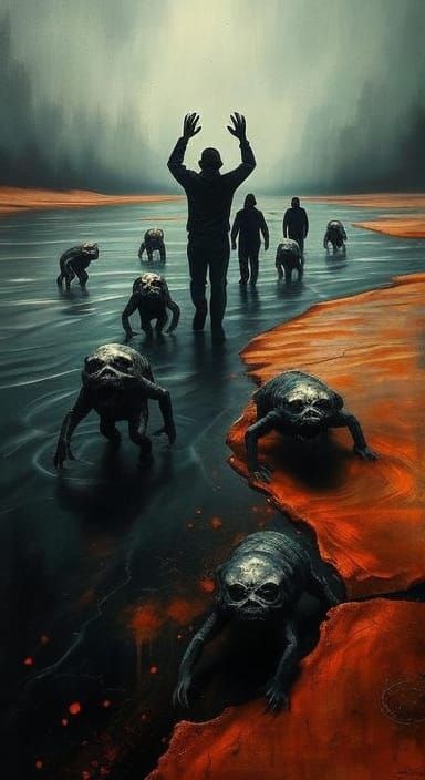 Eerie Humanoids on Dark River in Oil Painting Style