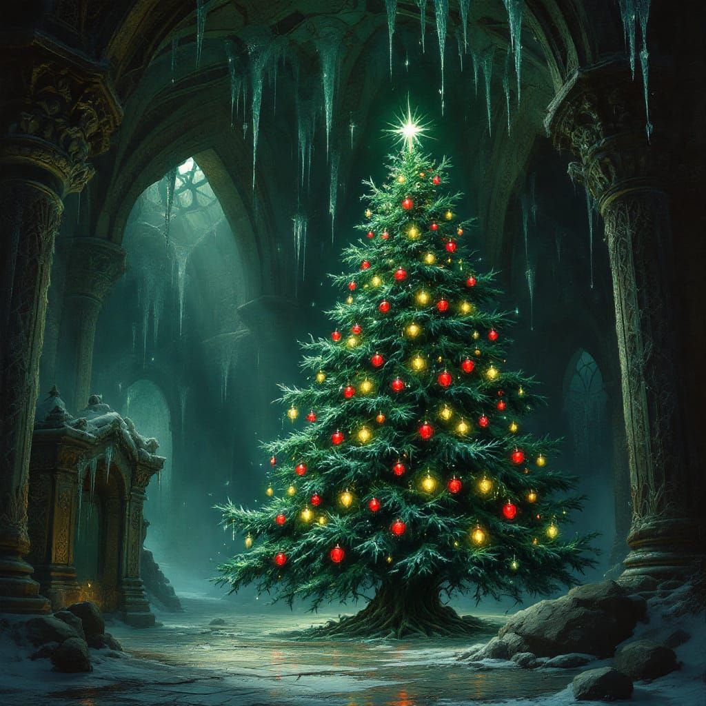 Ancient Christmas Tree in Shadowy Crypt with Glowing Ornamen...