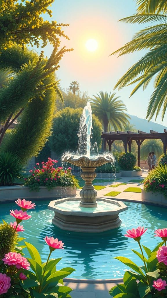 Sunlit Garden Fountain in Impressionistic Style