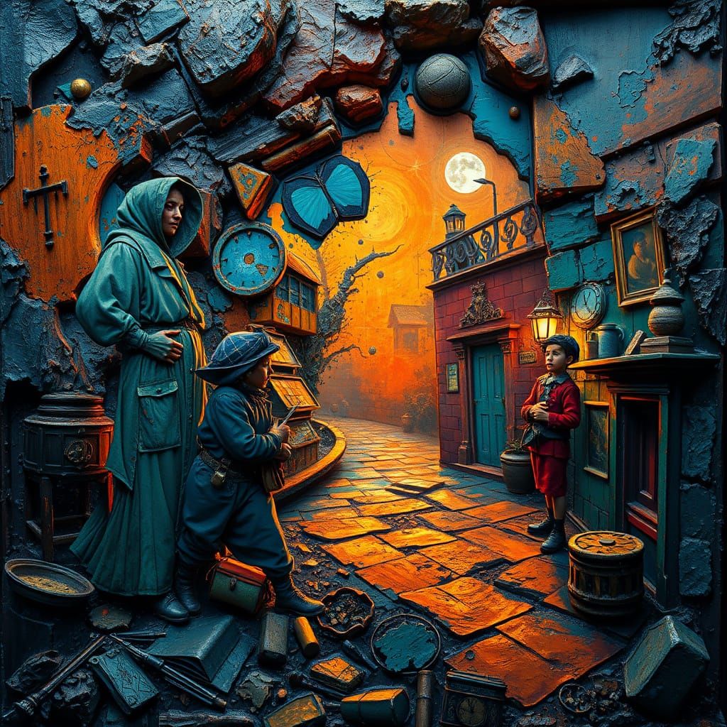 Victorian Era Boy's Struggle in a Colorful Impasto Scene