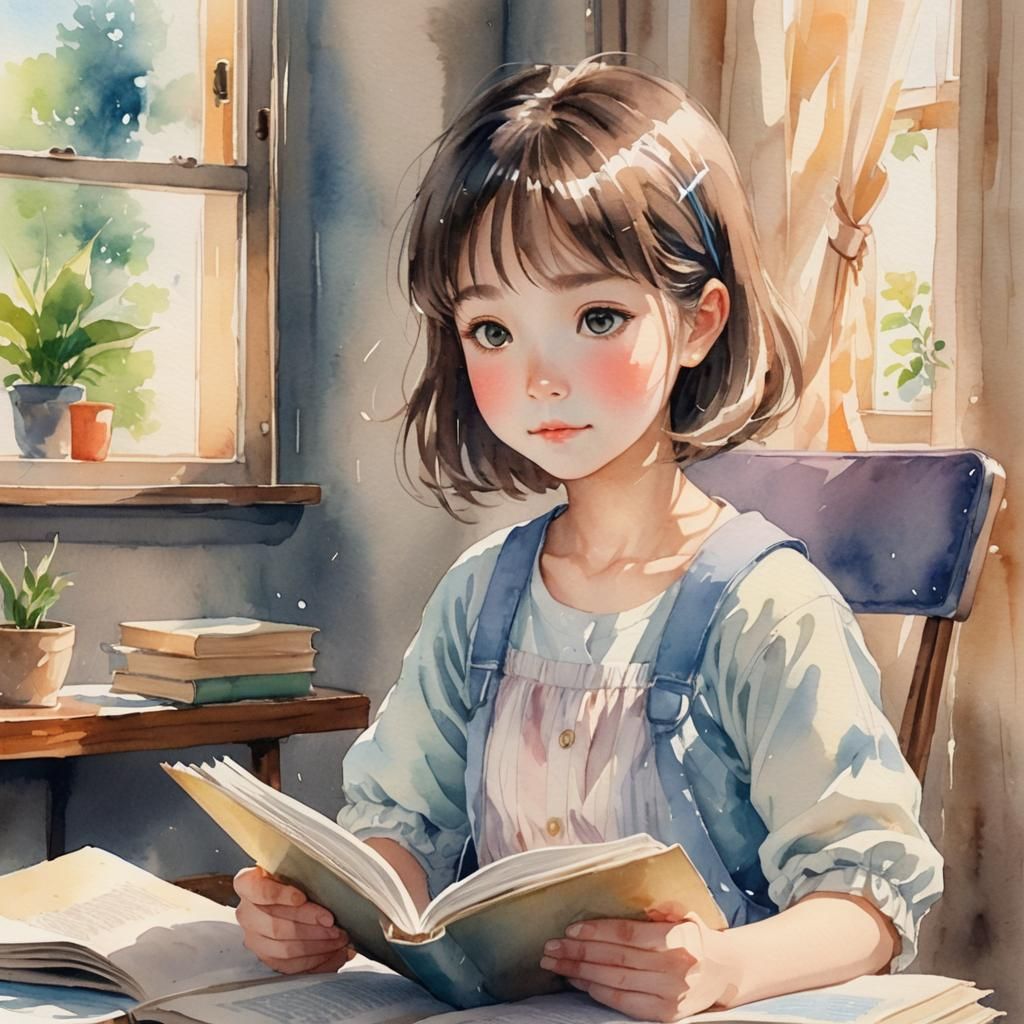 Anime Girl Reading Book in Watercolor Style