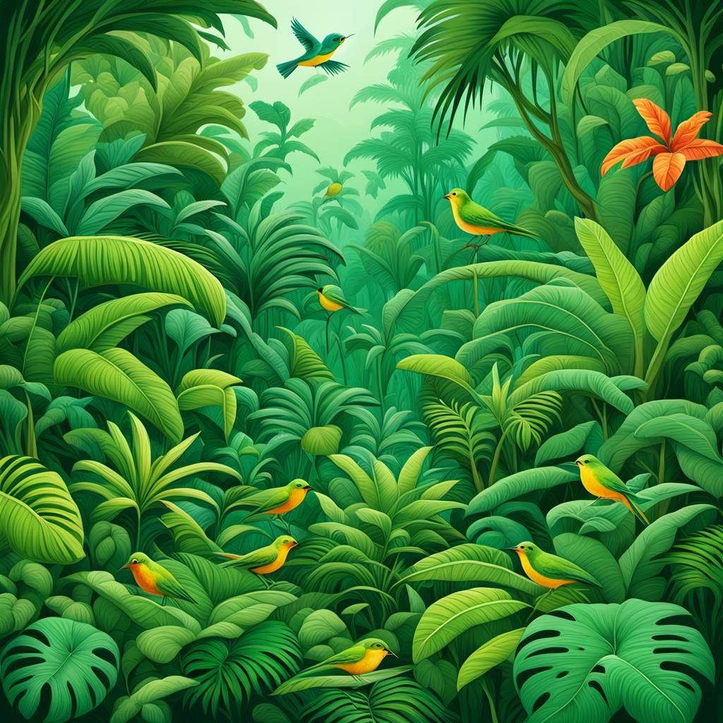 Lush Green Jungle with Birds and Aliens