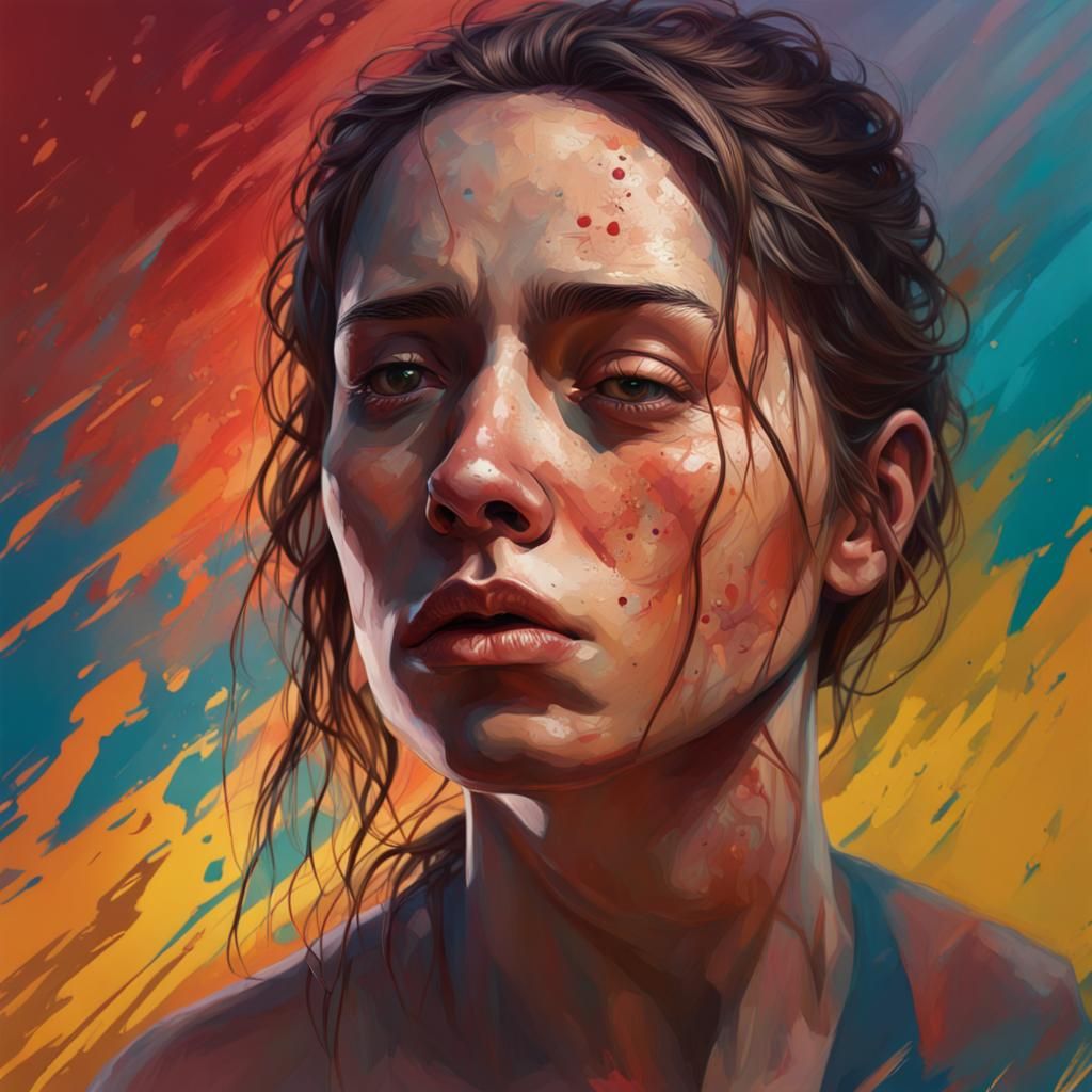 Sad Woman Portrait in Hyperrealistic Splash Art