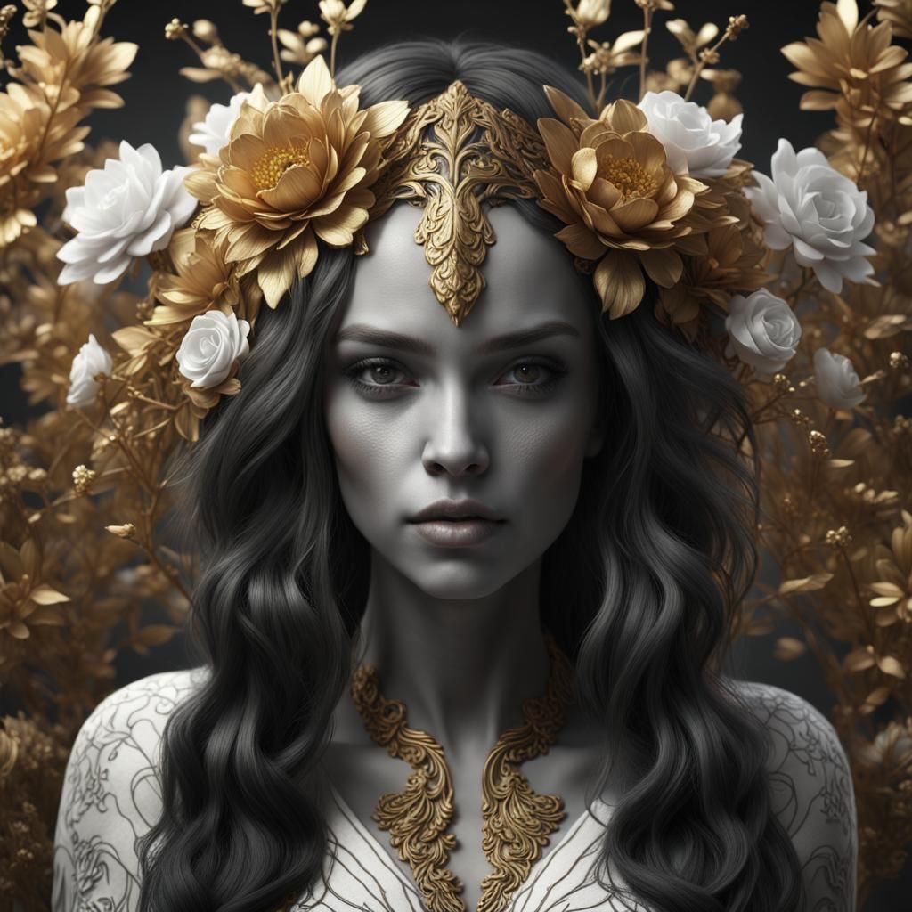 Woman with Gold Flowers as Fantasy Art