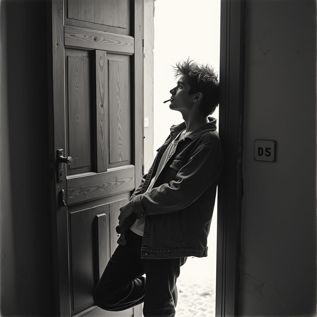 Melancholy Man in Doorway: Cinematic Black and White