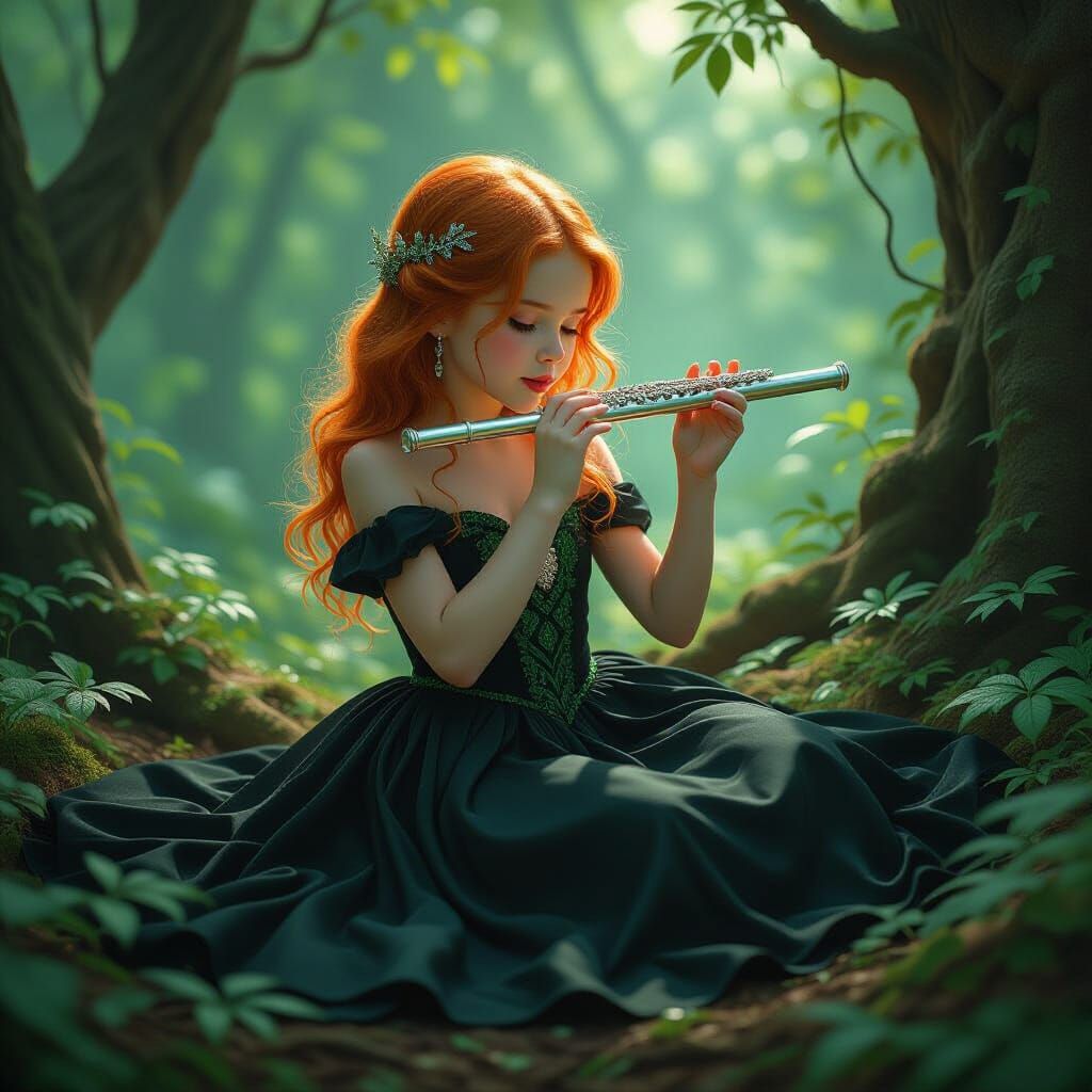 Girl with Flute in Forest, Photorealistic Style