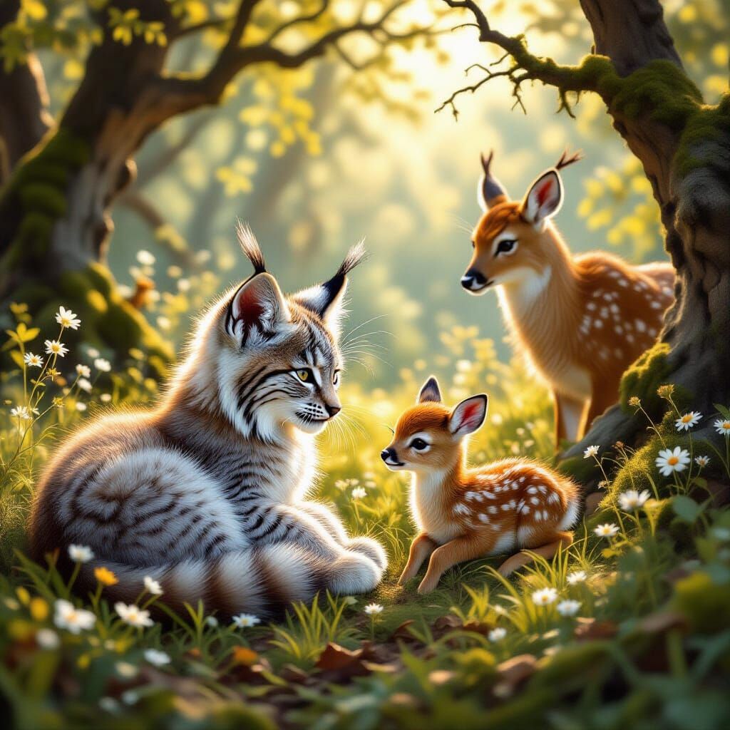 Lynx Kitten and Fawn Play in Sunlit Forest