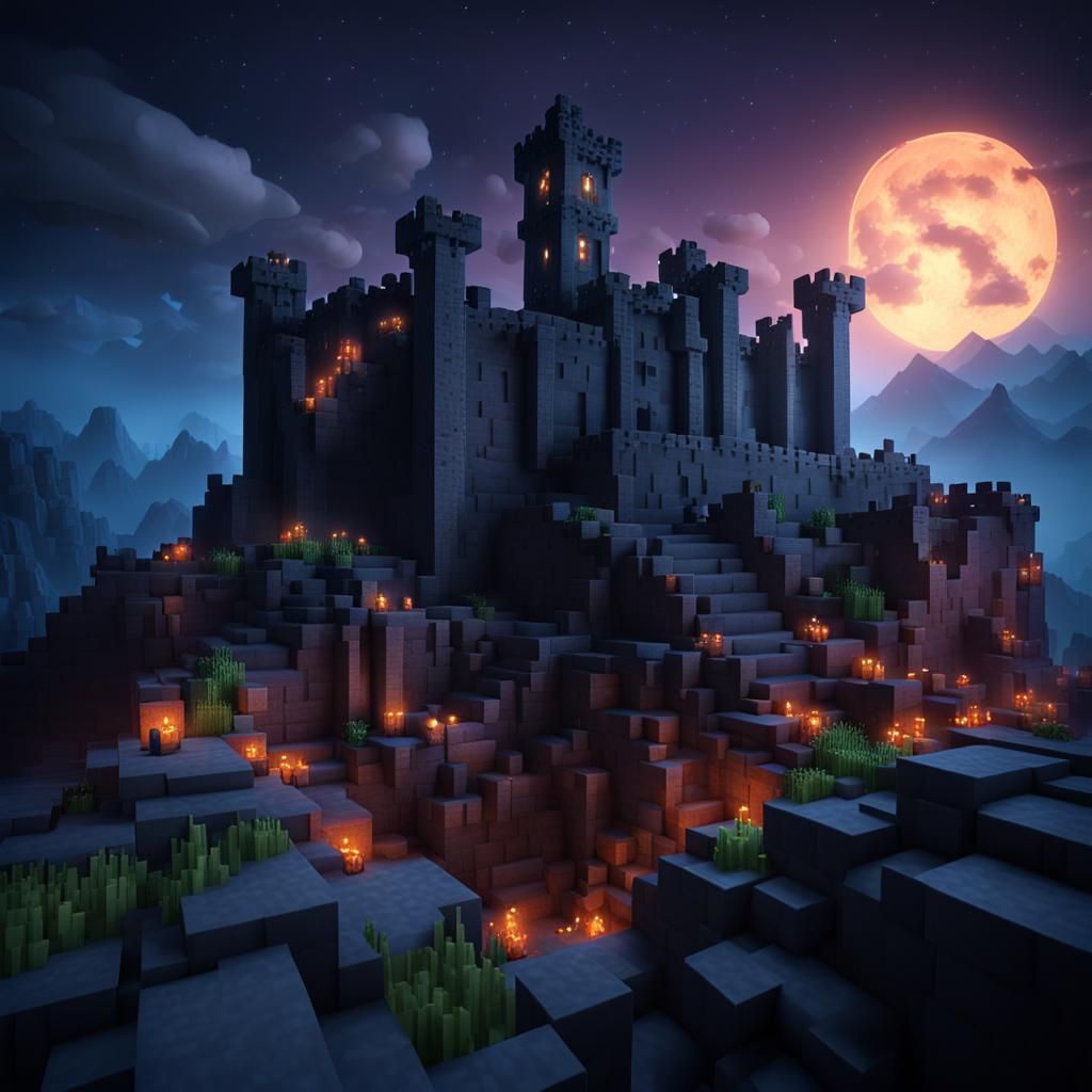 Minecraft Castle Wall on Mountain Top at Night