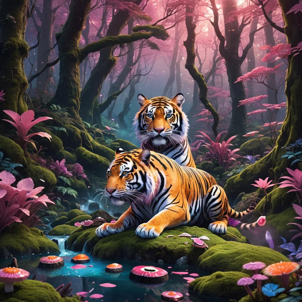 Pink Tiger Sushi Feast in Mystical Forest