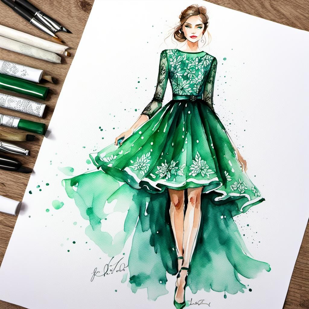 Emerald Green Lace Dress: Watercolor Fashion Sketch