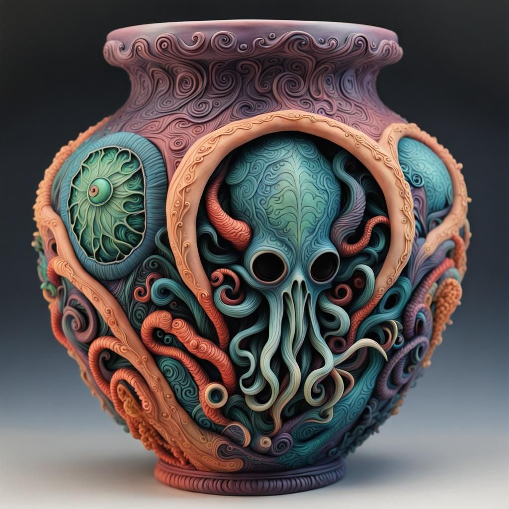 Lovecraftian Clay Vase with Intricate Details