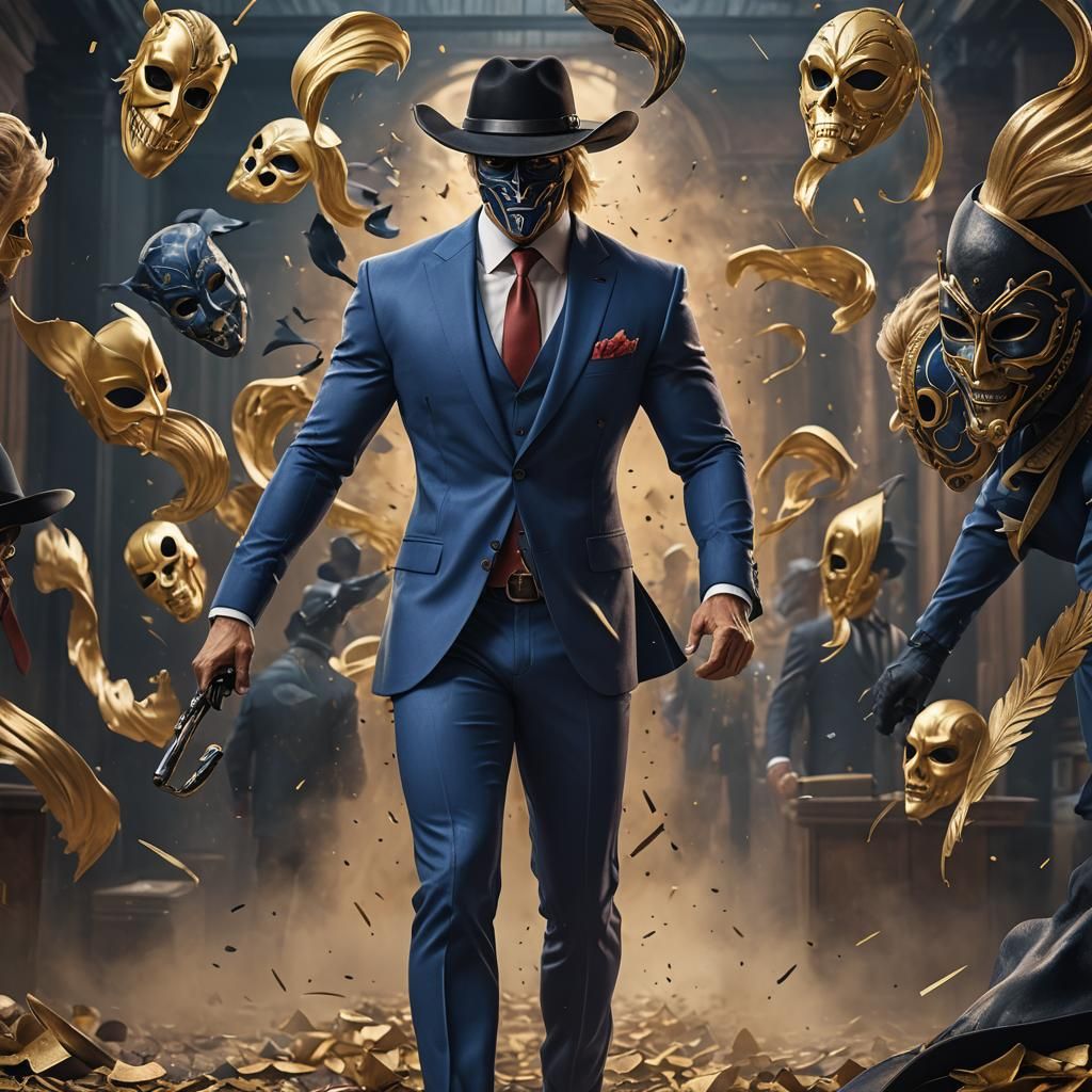 Muscular Businessman in Masquerade and Cowboy Hat