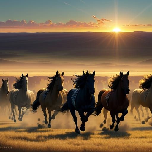 Wild Mustangs Gallop Across Sunlit Plains in Digital Matte P...