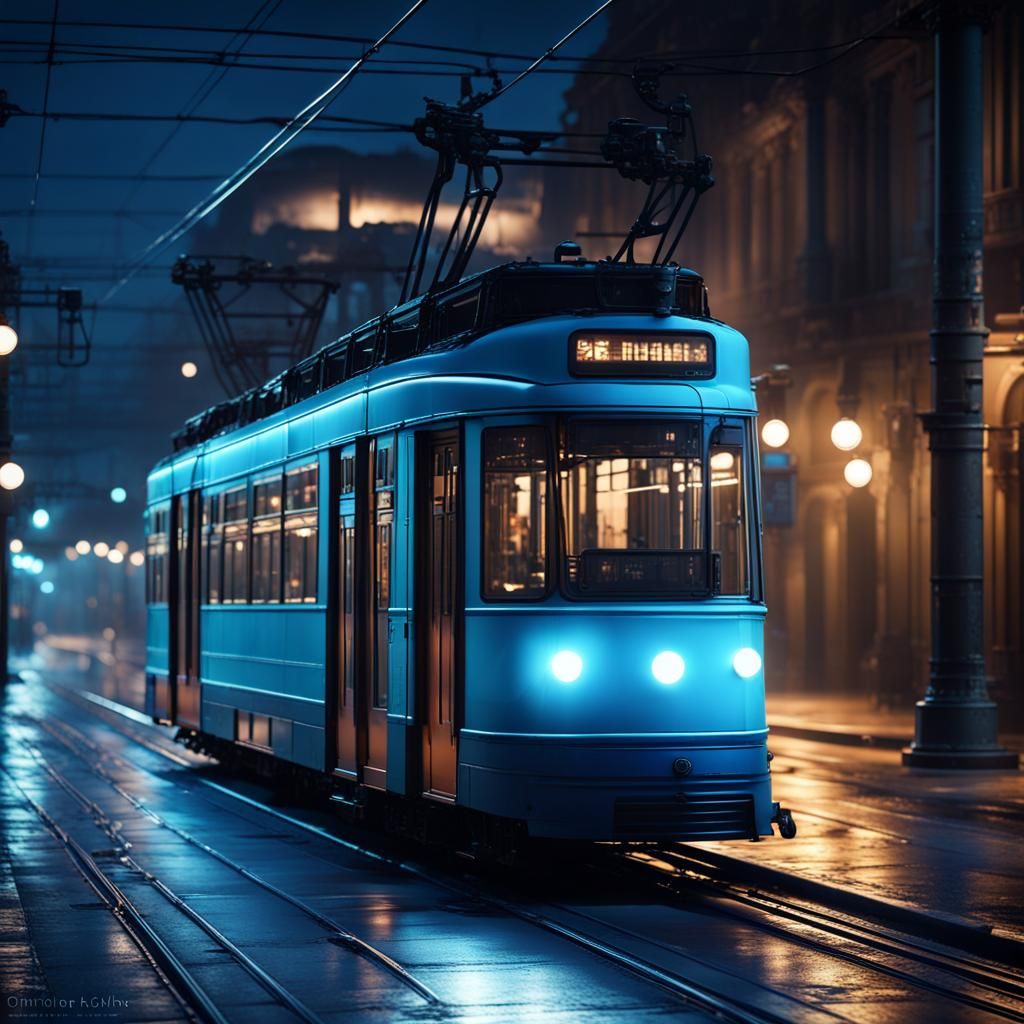 Night Tram in Dark Blue Street, Digital Matte Painting