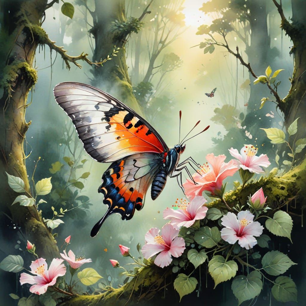 Sunset Moth in Ancient Forest: Watercolour Painting