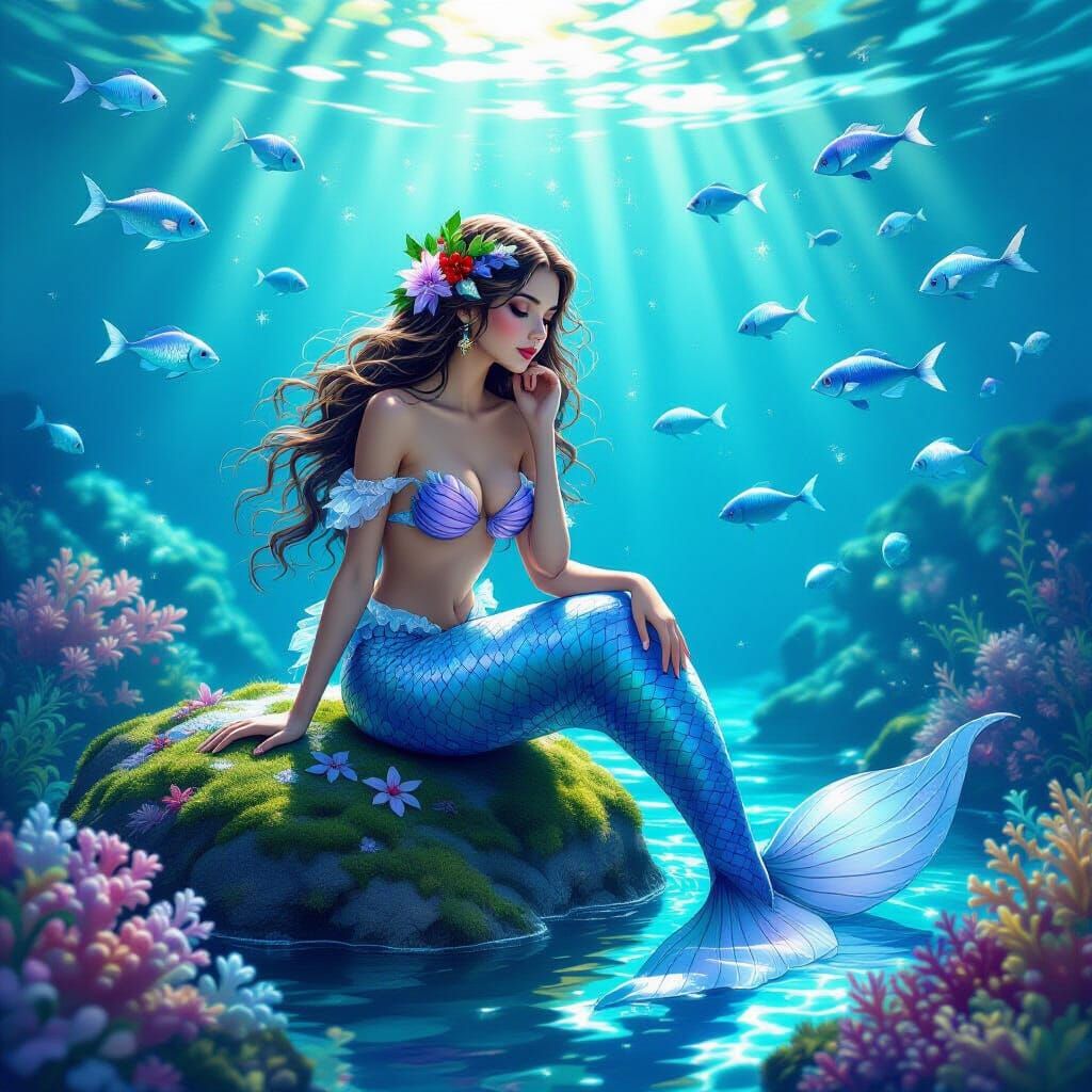 Christmas Mermaid with Lilac in Ocean, Fantasy Art Style