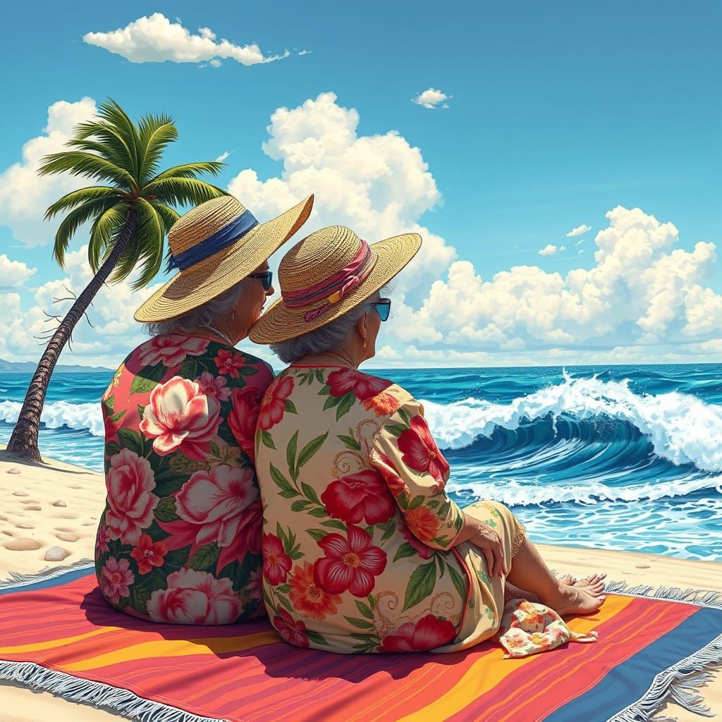 Elderly Ladies at the Beach in Comic Style