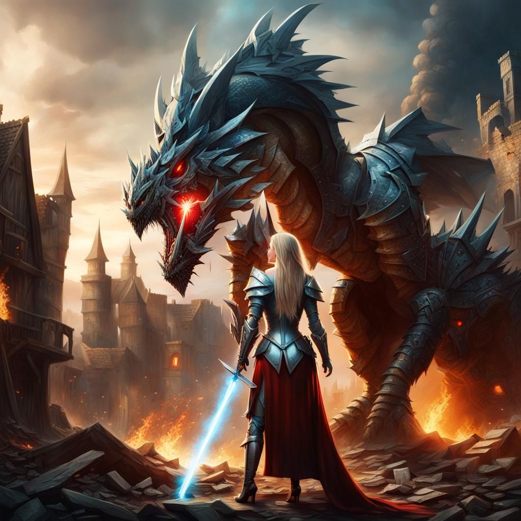 Knight Battles Robot Dragon in Sci-Fi Medieval Scene