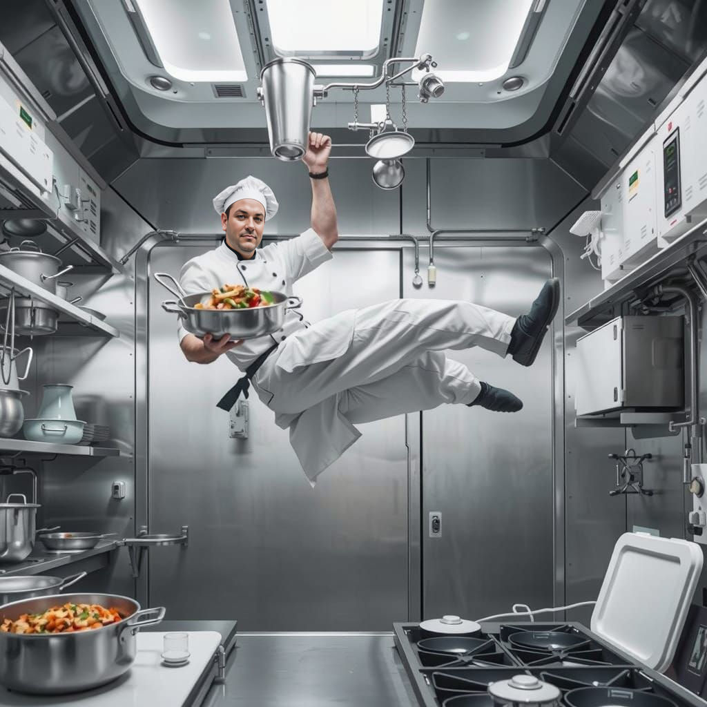Chef Floats in Zero-Gravity Kitchen Photograph