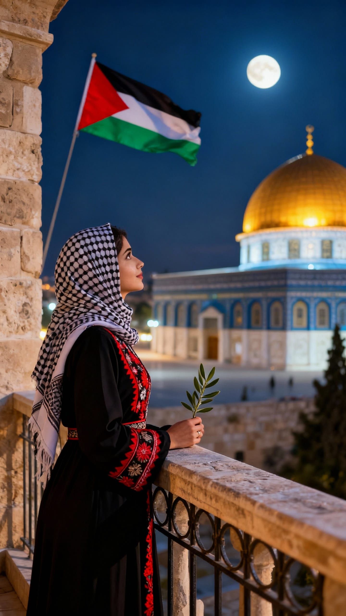 Palestinian Woman Gazes at Moonlit Dome of the Rock