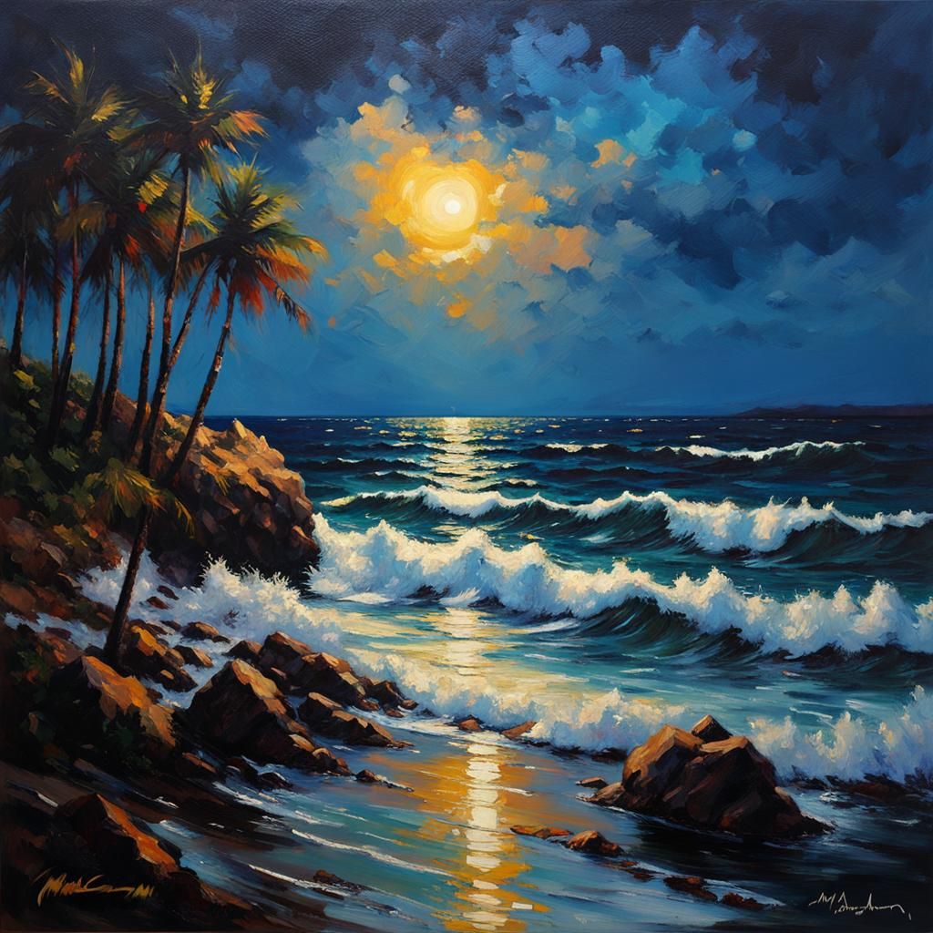 Impressionistic Ocean at Night in Dark Blues