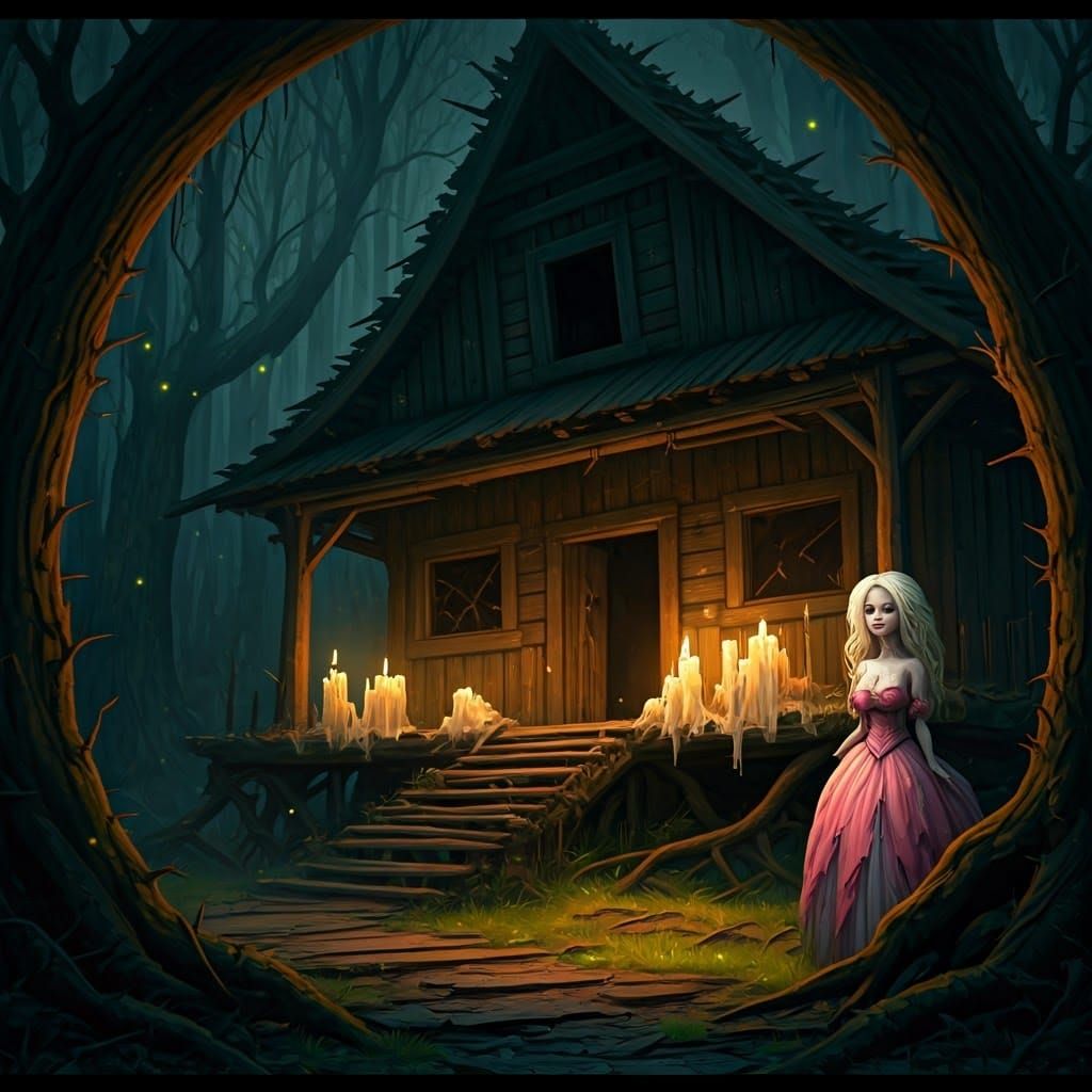 Eerie Forest Scene with Woman in Gown