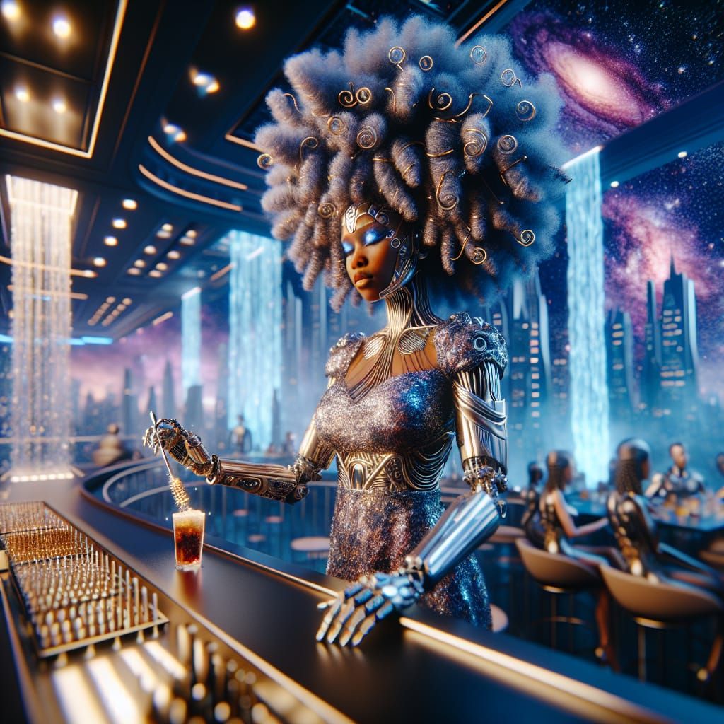 Afro-Cyborg Woman in Cosmic Rooftop Bar