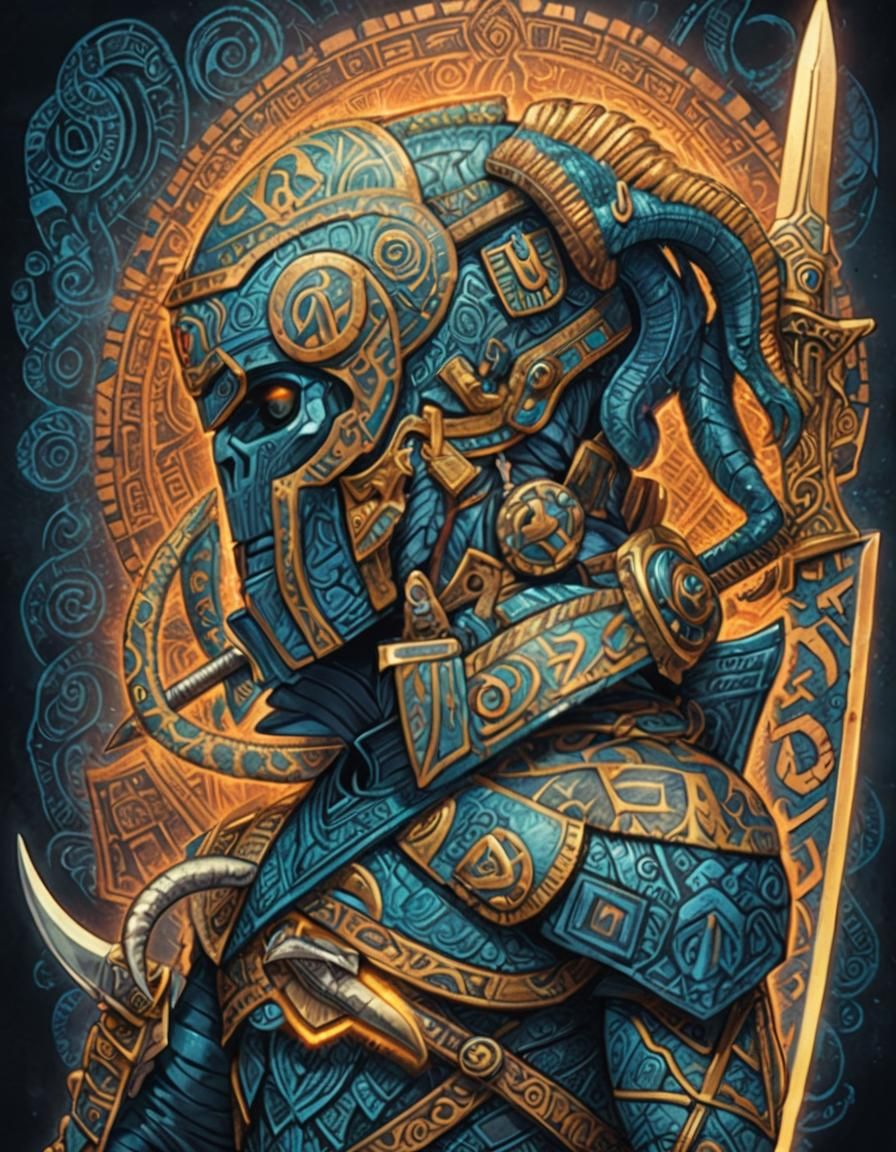 Aztec Warrior with Runes in Dark Fantasy Style