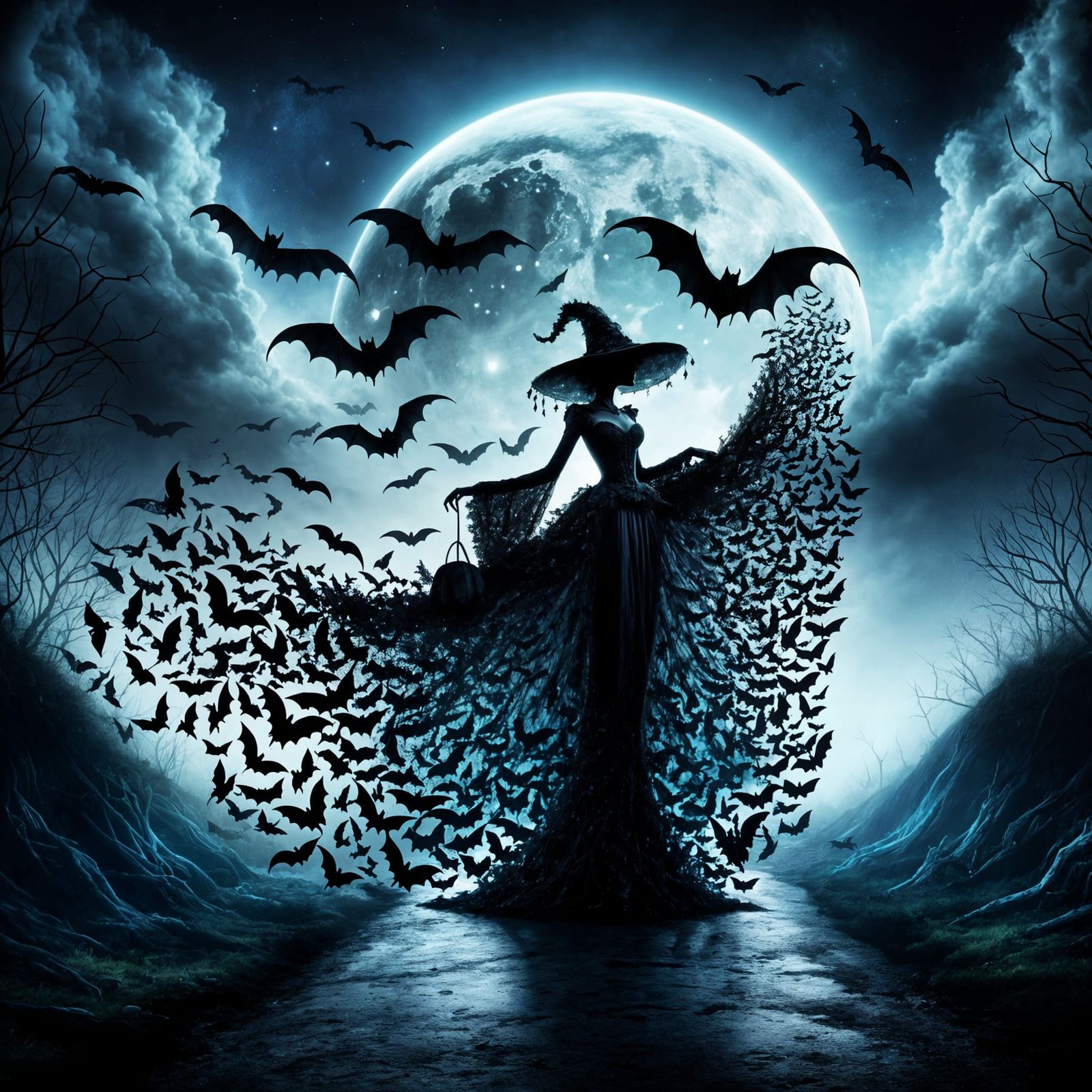 Mystical Bat Woman Under the Dark Moonlit Sky