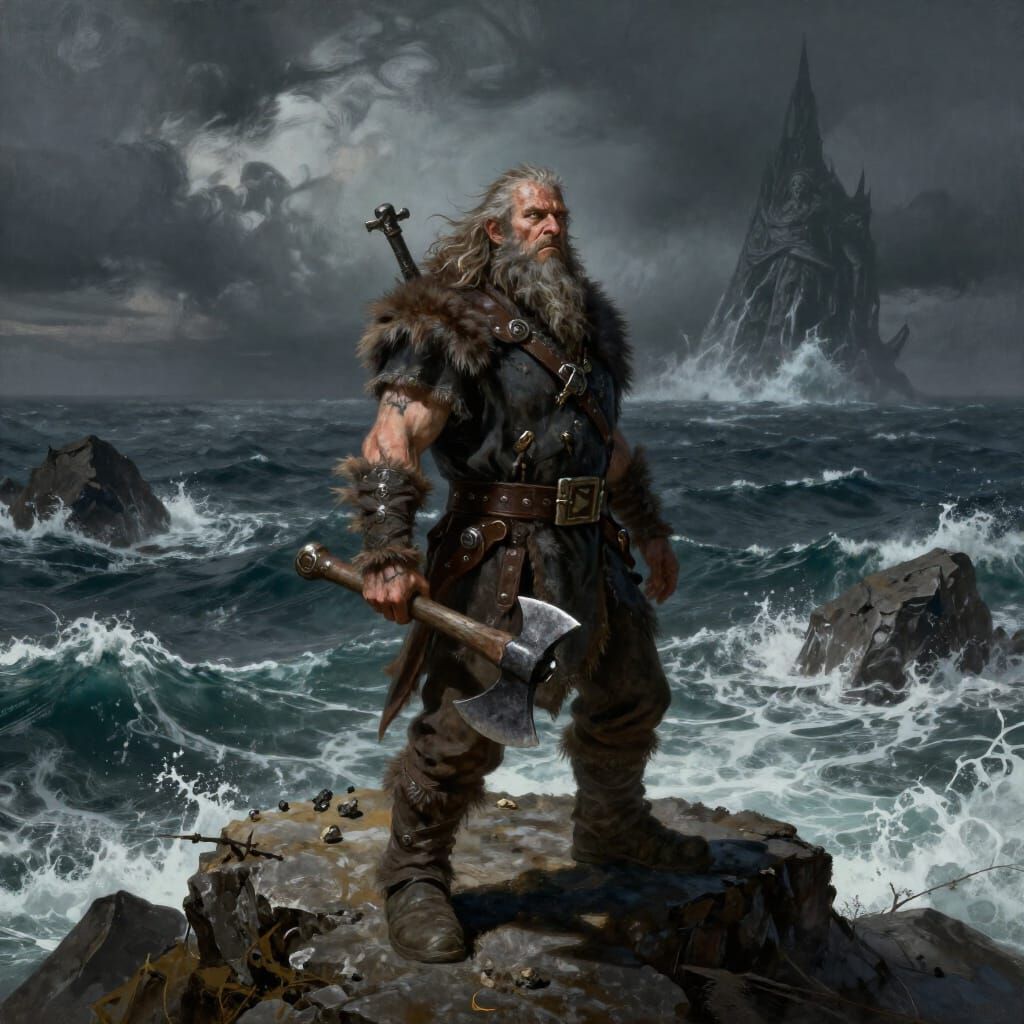 Grizzled Dwarf Warrior on Stormy Sea Outcrop
