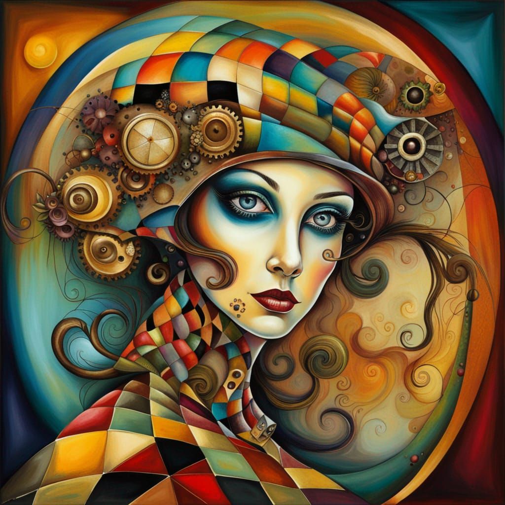 Steampunk Harlequin Surreal Woman, Oil on Canvas