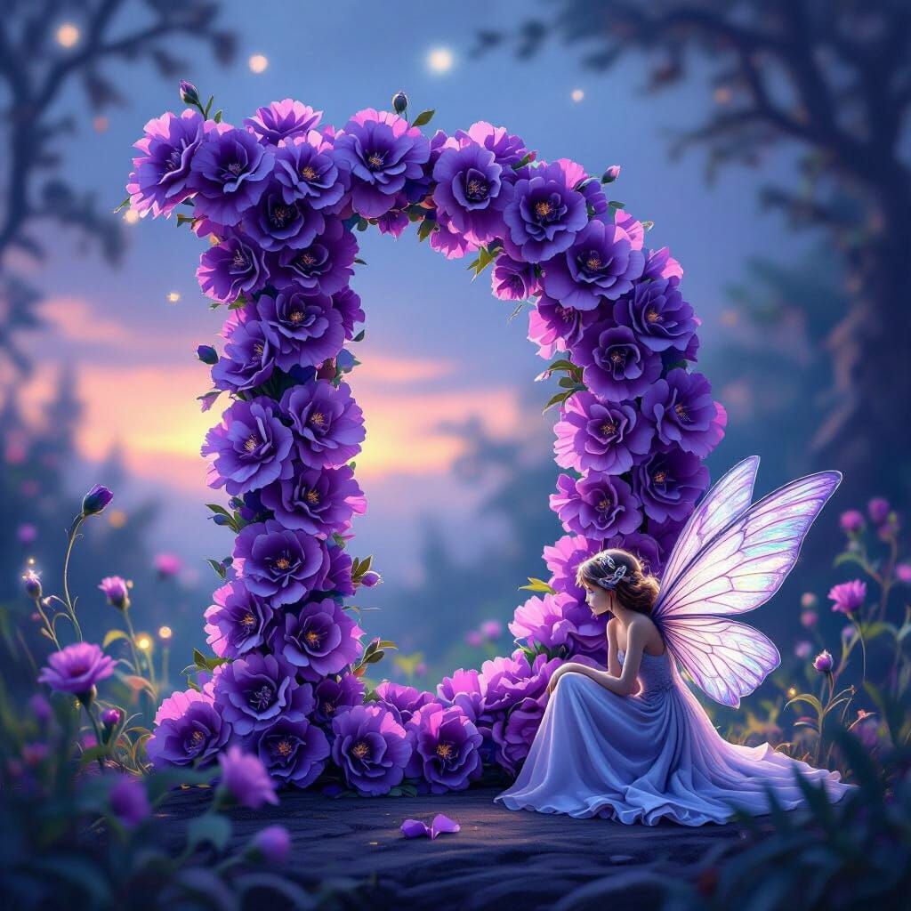 Purple Carnation Letter D with Fairy in Twilight