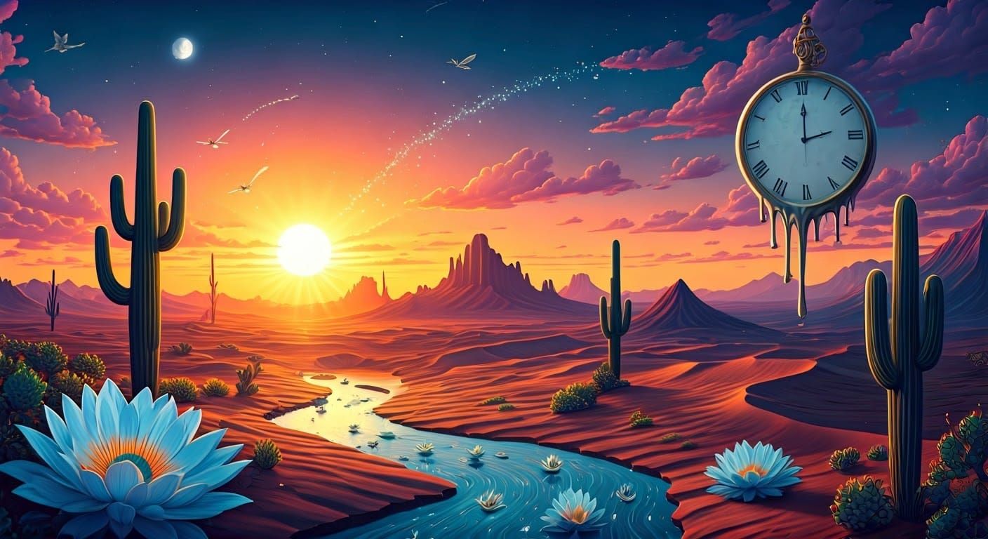 Surreal Twilight Desert Landscape with Melting Clock