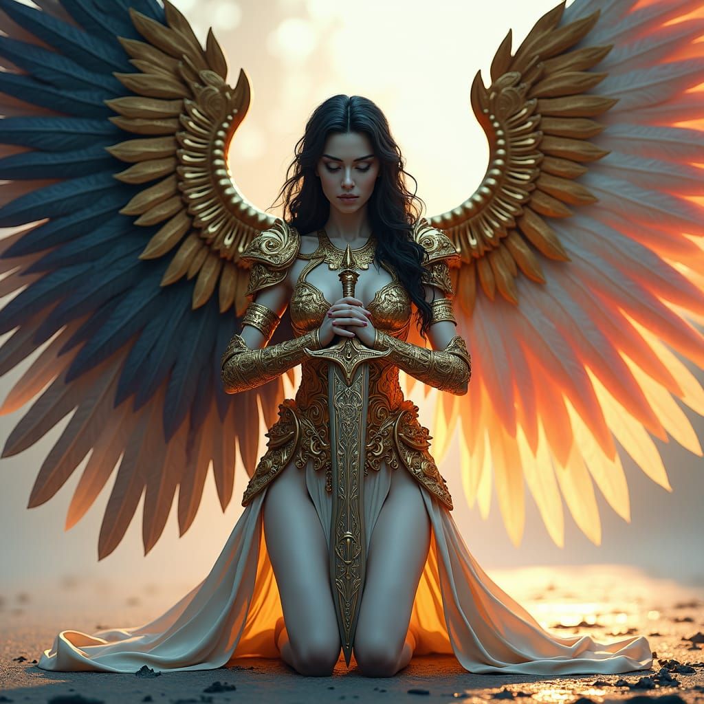 Warrior Angel Kneeling in Reverence, Detailed Concept Art