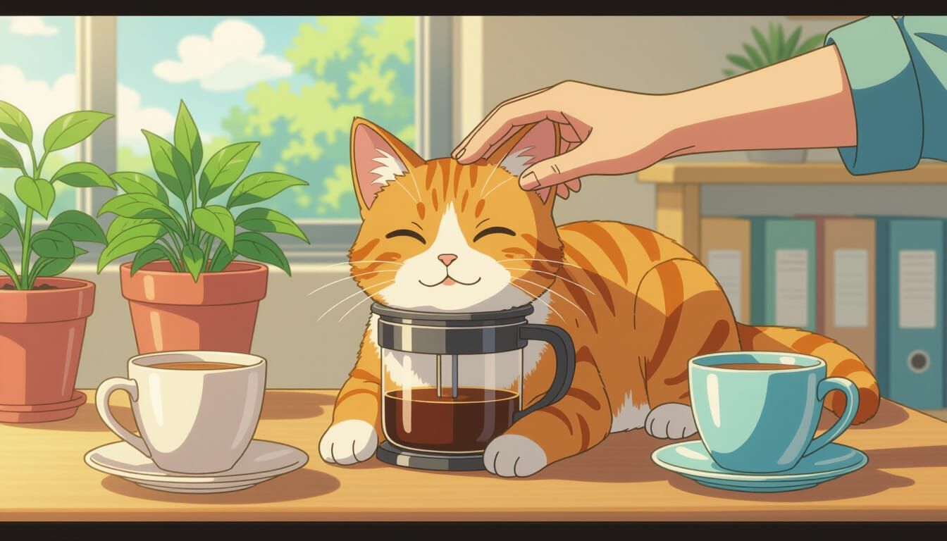 Smiling Cat on Coffee Press in Anime Style