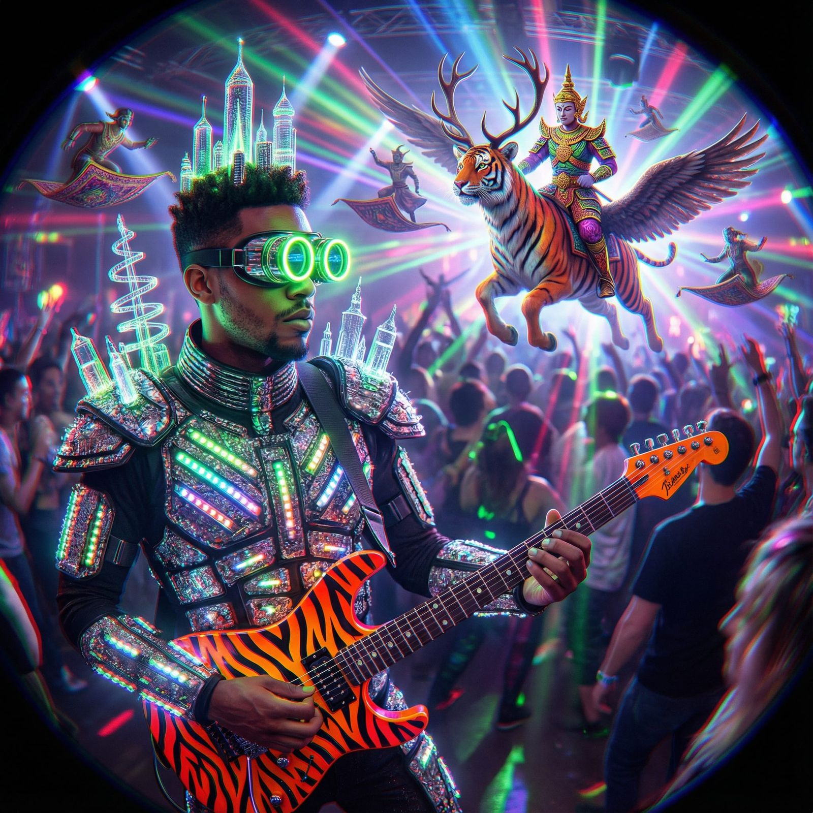 Raver God Humanoid with Neon Metropolis Structures