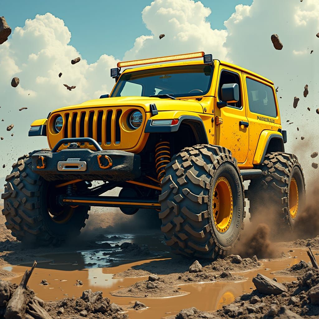 Yellow Jeep Conquers Muddy Terrain as Matte Painting